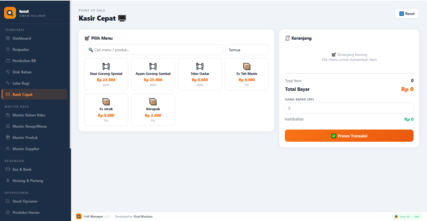Kasir Cepat UMKM FnB Manager dengan grid menu, keranjang, dan total bayar